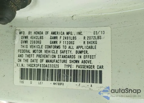 2013 Honda Accord Touring z USA, uszkodzony, nr VIN 1HGCR3F93DA030525